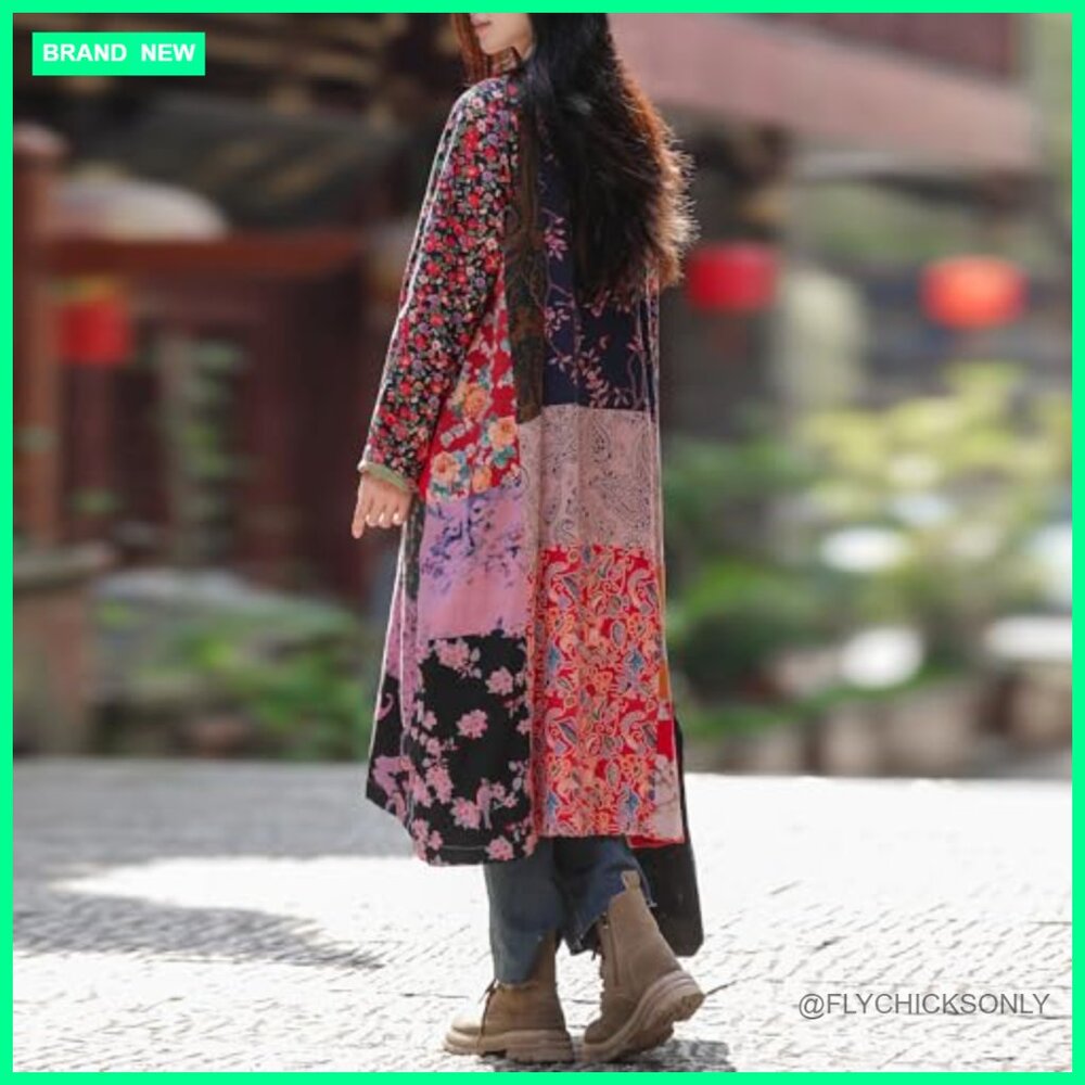 Cotton Linen Patchwork Long Jacket Casual Oversiz… - image 3